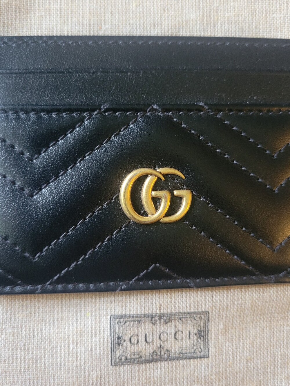 Gucci Black Leather Chevron Card Holder with Gold GG